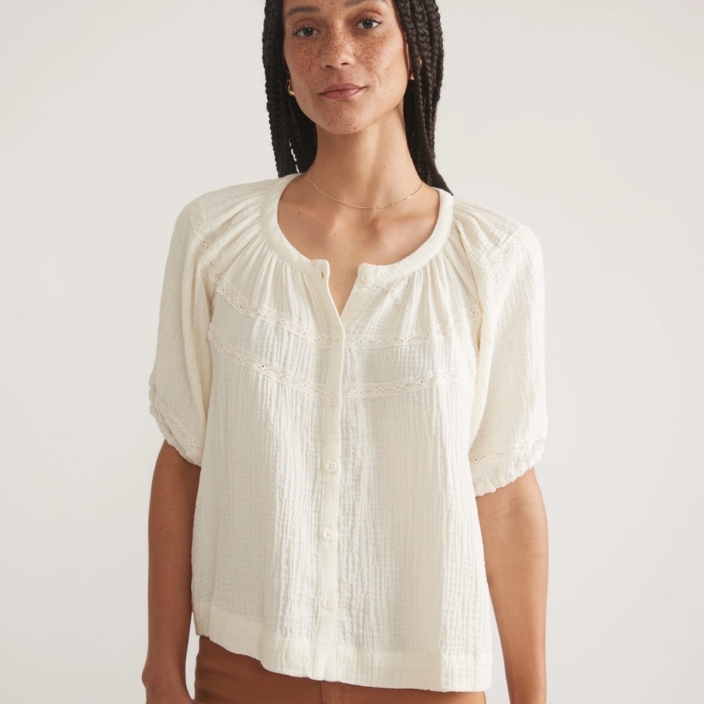 Marine Layer Wren Puff Sleeve Top Cream Button-Up Blouse size xsmall